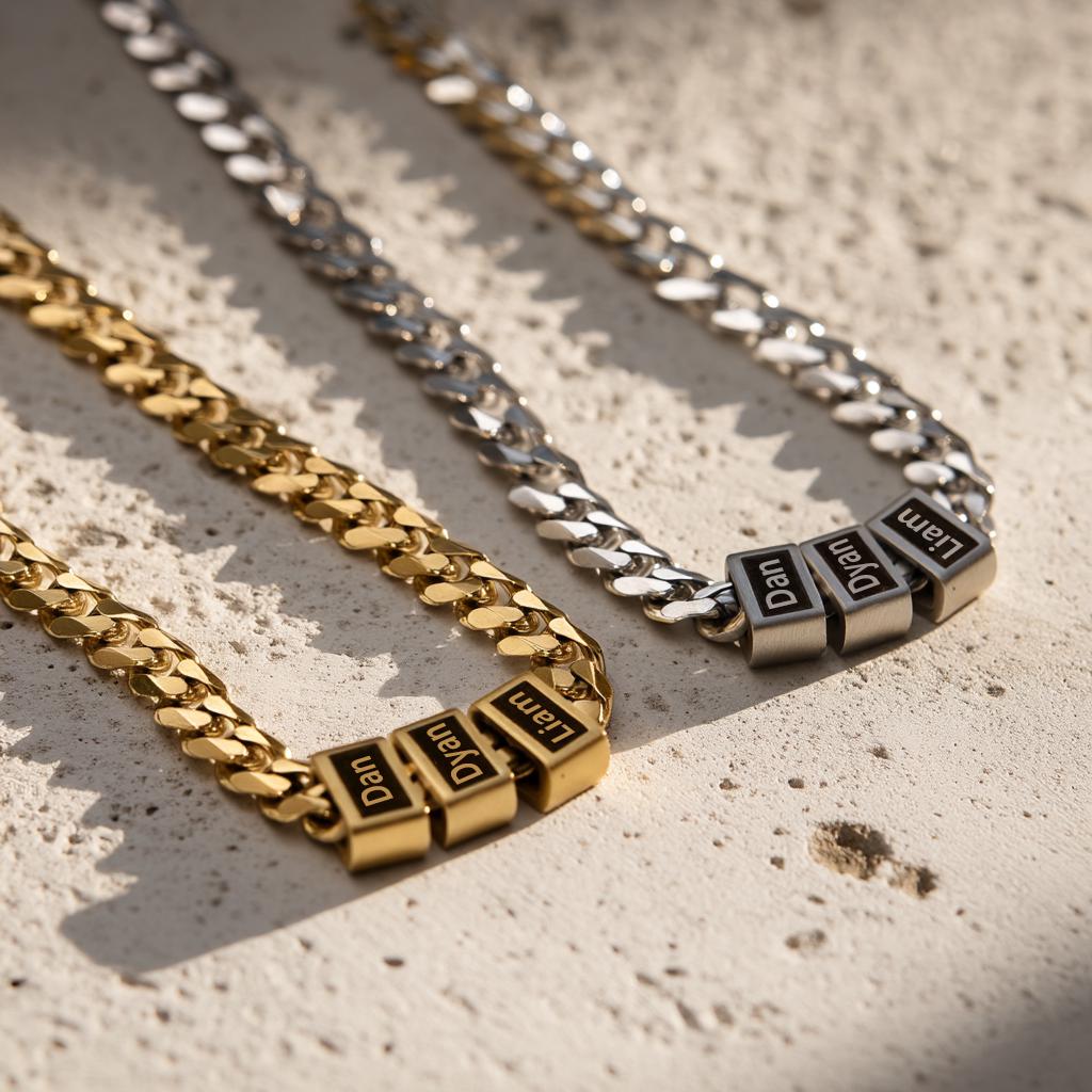 Collier Homme Personnalisable Avec 1 à 10 Prénoms - Chaîne Perles Gravées, Cadeau Papa, Fête Des Pères, Bijou Sentimental - 8
