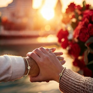 May include: Gold-toned bracelets with initial charms. One bracelet features the letter "S", the other the letter "M". The bracelets are worn on wrists, with a blurred background of a sunset and red flowers.
