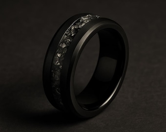 Alliance noire 8 mm brossée météorite, obsidienne noire sablée mariage pour homme