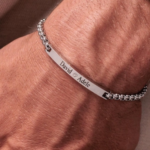 Personalized Engraved Bar Bracelet, Silver Name Bracelet for Men, Anniversary Gift for Him, Cuban Chain Bracelet for Him, Boyfriend Gifts