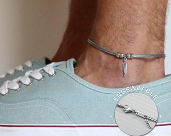 Pulsera de tobillo para hombre con grabado, colgante de pluma, pulsera de tobillo, joyería de verano, regalo para él, regalo para el Día del Padre o San Valentín.
