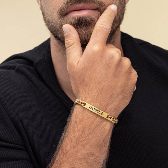 Custom Men s Gold Bracelet Bar Bracelet Name Bracelet Quote Bracelet Date Bracelet Roman Numeral Coordinate Bracelet Men s Jewelry Etsy