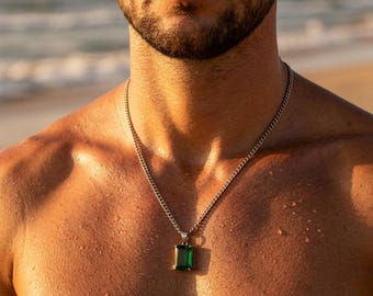 Collana con pendente in avventurina e smeraldo per uomo, pendente grigio, collana da uomo, pendente grigio da uomo, gioielli da uomo, collana in argento, acciaio inossidabile, pietra preziosa