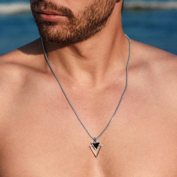 Black Onyx Necklace, Men's Silver Necklace, Mens Stone Pendant, Men's Jewellery, Black Stone Pendant, Men's Fashion Necklace,Father's Day