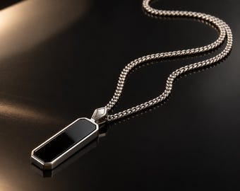 Silver Black Onyx Pendant Necklace, Black Stone Pendant Men, Men's Black Stone Necklace, Stainless Steel, Perfect Gift for Him