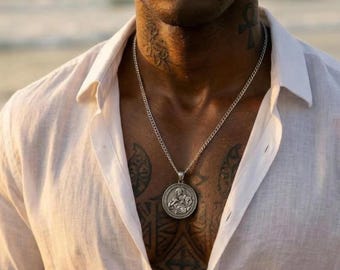 Mens Necklace, Silver Greek God Pendant Necklace For Men, Silver Necklace,Orpheus Necklace ,Mens Jewelry,Christmas Gift,Valentine’s Day Gift