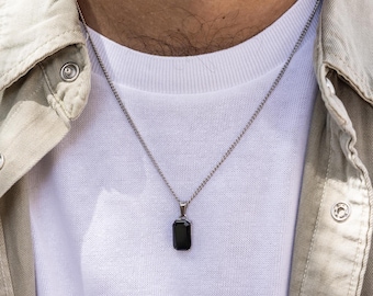 Black Onyx Necklace, Men's Silver Necklace, Mens Stone Pendant, Men's Jewellery, Black Stone Pendant, Men's Fashion Necklace,Christmas Gift