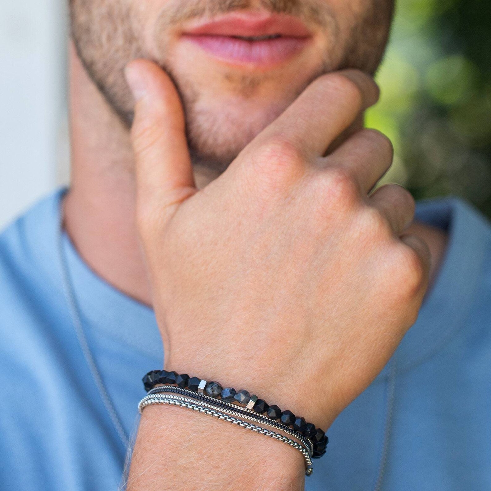 Men's Bracelet Set, Men's Beaded Bracelet, Men's Silver Bracelet, Men's Cuff Bracelet, Men's