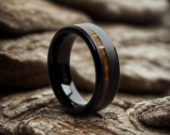 Bague incrustée de tonneau de whisky en tungstène noir - Alliance pour homme de 8 mm