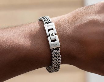 Personalized Silver Bracelet For Men, Engraved Initial Bracelet, Custom Men's Name Bracelets, Gifts For Husband Boyfriend Dad Anniversary
