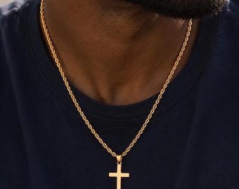 Men's Necklace Gold Cross Pendant for Men ,Gold Plated 316L Stainless Steel Rope chain ,Catholic Cross Gift for son, uncle, brother