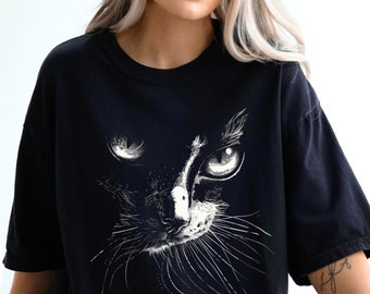 Camiseta extragrande con cara de gato: algodón suave, moderna camiseta para amantes de los gatos.