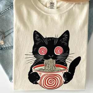 Psychedelisch Ramen katten T-shirt, kawaii kattenliefhebber cadeau, trippy anime shirt, Japans foodie T-shirt, grappig kitty ramen minnaar shirt, alt kleding