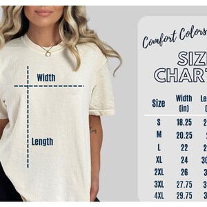 以下が含まれることがあります： Comfort Colors C1717 Tシャツのサイズチャート。Sから4XLまでのサイズに対応し、幅と長さをインチで表示しています。
