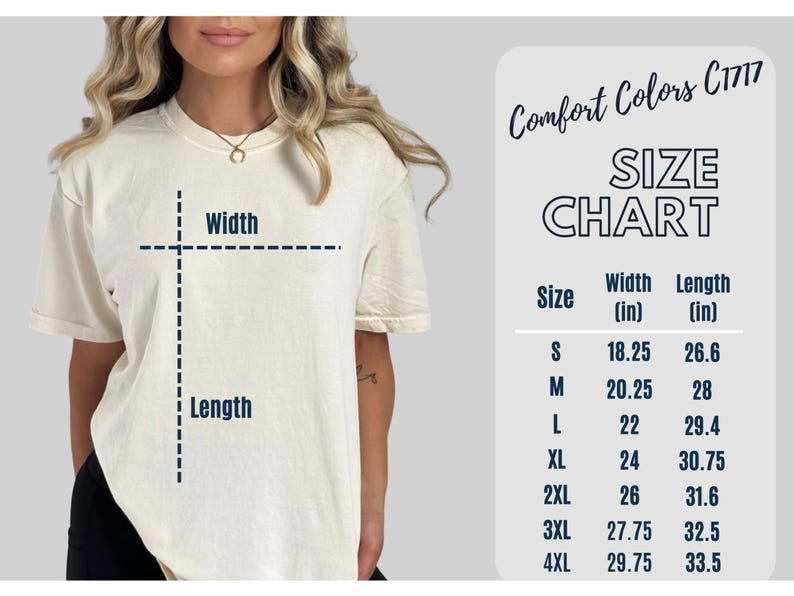 以下が含まれることがあります： Comfort Colors C1717 Tシャツのサイズチャート。Sから4XLまでのサイズに対応し、幅と長さをインチで表示しています。