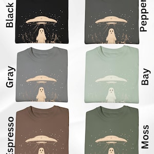 Puede incluir: Seis camisetas de diferentes colores con un gr&aacute;fico de un OVNI y un fantasma. Los colores son negro, gris, espresso, pimienta, bah&iacute;a y musgo.