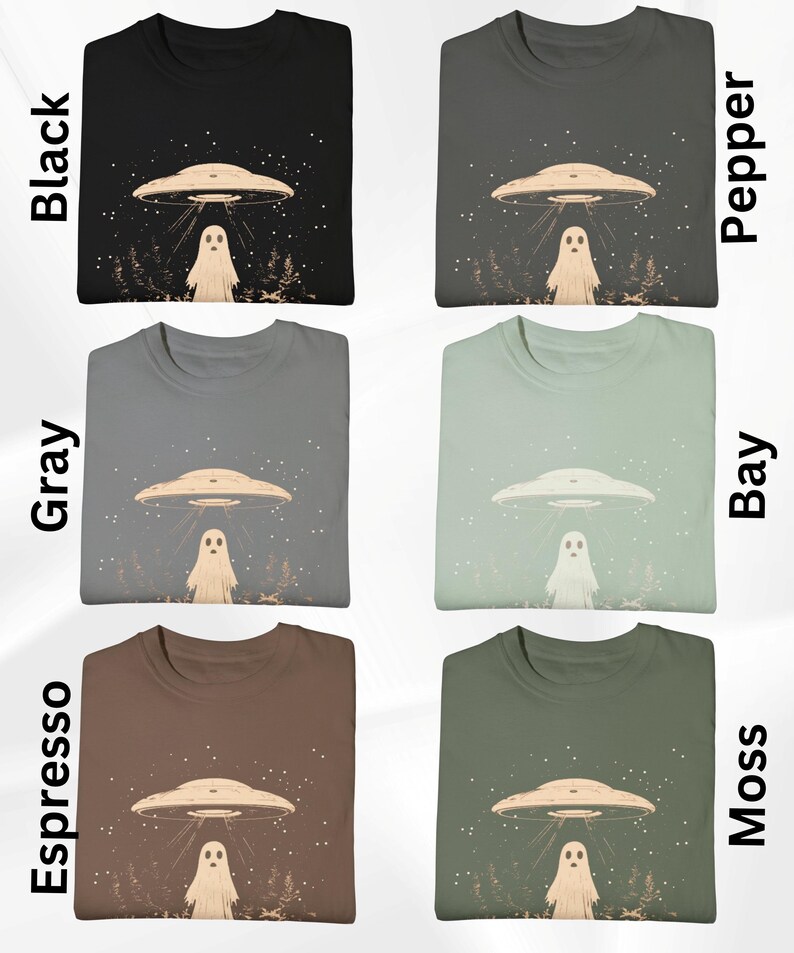 Puede incluir: Seis camisetas de diferentes colores con un gr&aacute;fico de un OVNI y un fantasma. Los colores son negro, gris, espresso, pimienta, bah&iacute;a y musgo.
