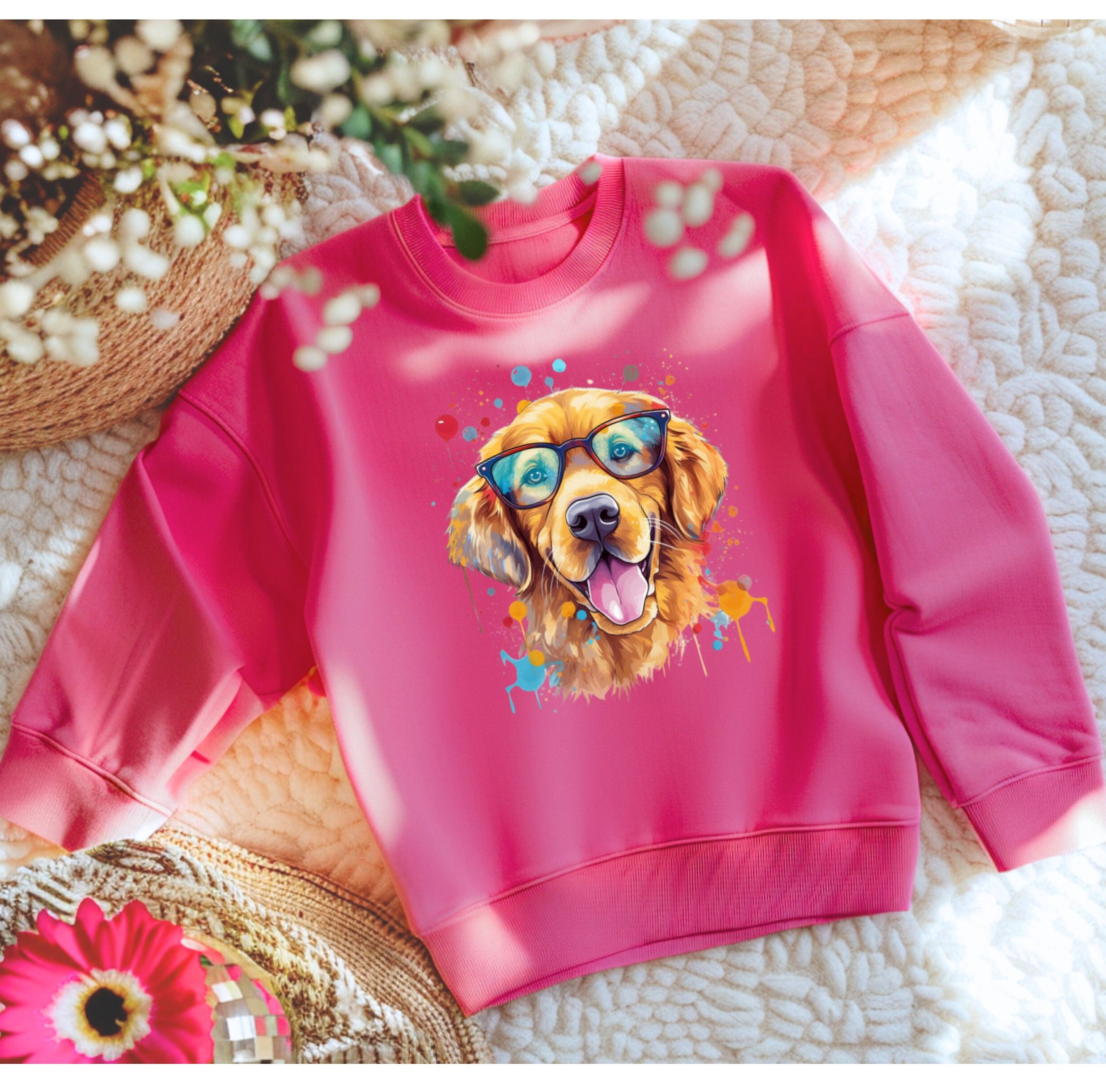 Kids Golden Retriever Sweatshirt: Dog with Glasses Graphic