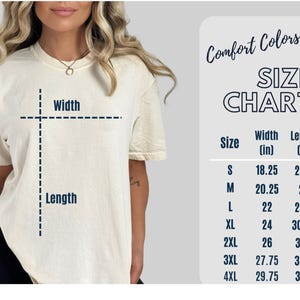Puede incluir: Tabla de tallas para una camiseta con medidas en pulgadas. La tabla muestra el ancho y la longitud de la camiseta en las tallas S, M, L, XL, 2XL, 3XL y 4XL.