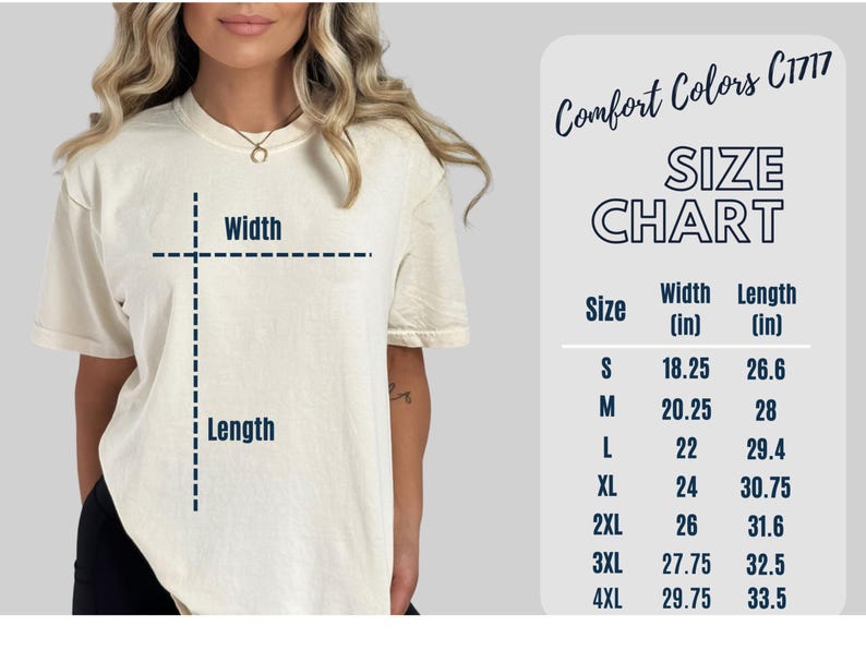 Puede incluir: Tabla de tallas para una camiseta con medidas en pulgadas. La tabla muestra el ancho y la longitud de la camiseta en las tallas S, M, L, XL, 2XL, 3XL y 4XL.