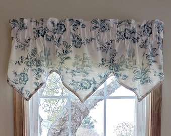 Lined Custom Made Valance - Jay Yang - Townebridge - Aqua - Toile - Window Treatment Curtain Topper