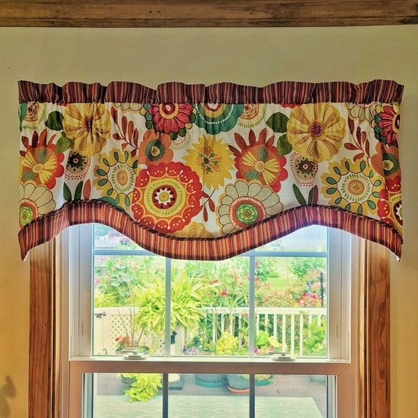 Lined Custom Made Valance - Mill Creek - Abstract floral - Orange - Teal - Yellow - Window Treatment Curtain Topper - Bedroom Living Room