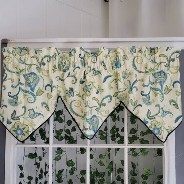 Lined Custom Made Valance - abstract floral - navy - teal - beige- Window Treatment Curtain Topper