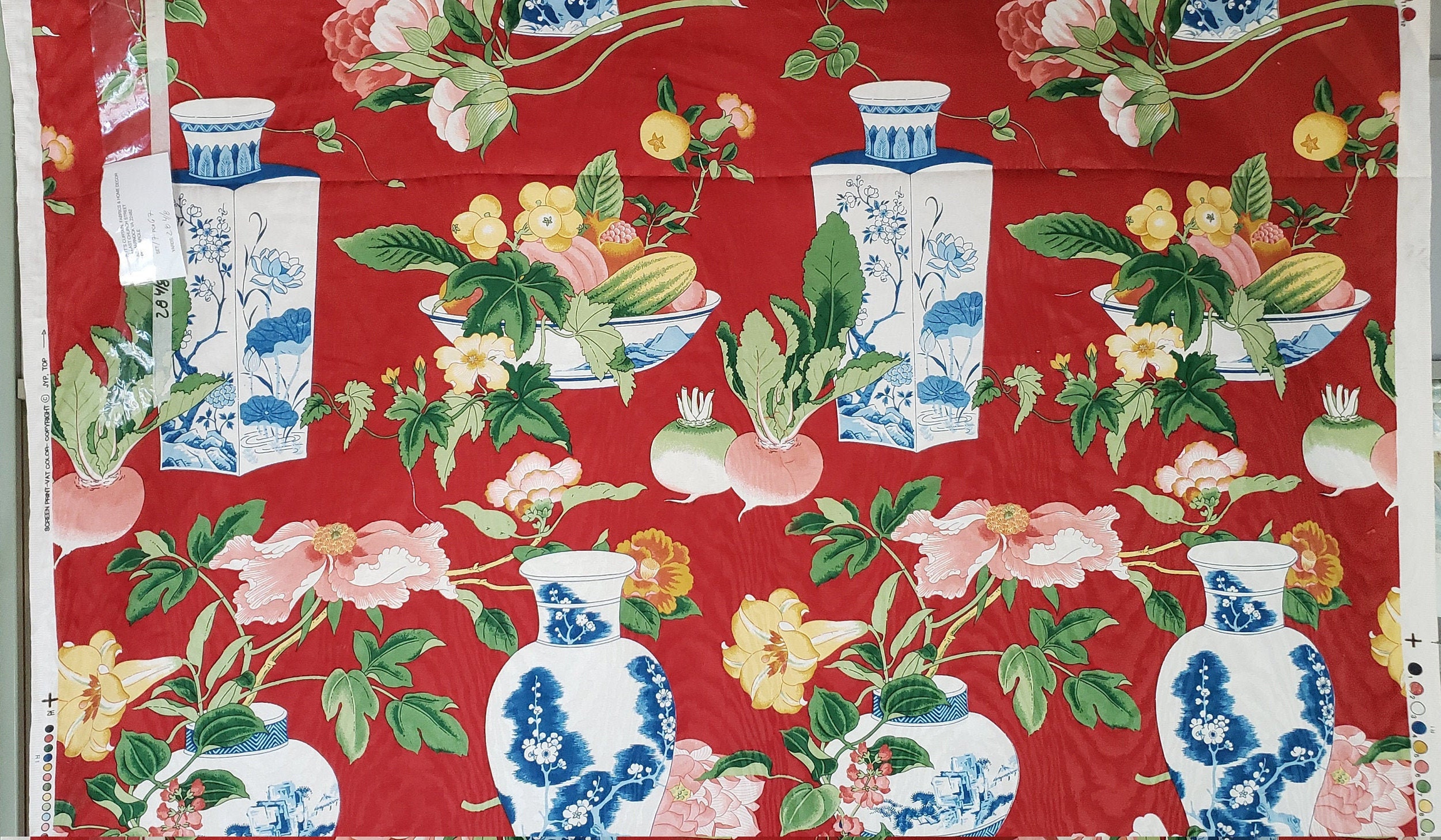 Drapery Fabric Vase Floral Print Oriental Large Etsy