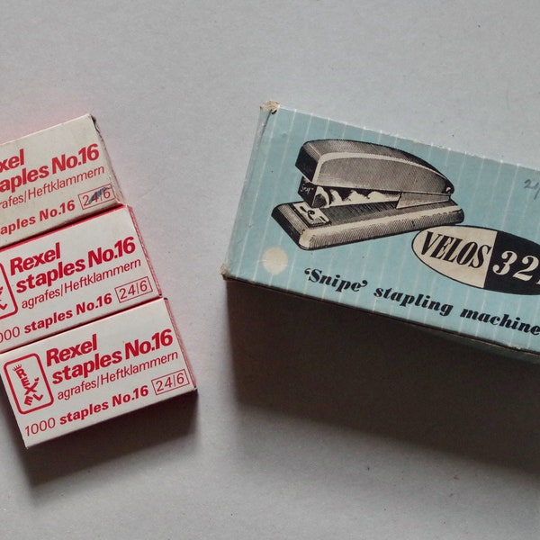 Vintage Stapler with x3 Boxes of Staples - Original Box - Velos 321 'Snipe' - Vintage Desk Items - Vintage Stationery