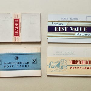 May include: Four sets of vintage postcards bundled with paper bands. The bands feature text including LEADER, Britain's BEST VALUE Postcards, MARLBOROUGH POST CARDS with 3D, and CHRISTCHURCH POSTCARDS with an illustration of a building and trees.
