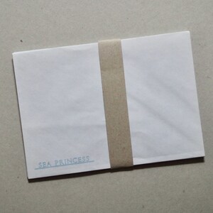 May include: A white envelope with a brown paper strip running down the centre. The envelope has the text "SEA PRINCESS" printed in blue on the front.