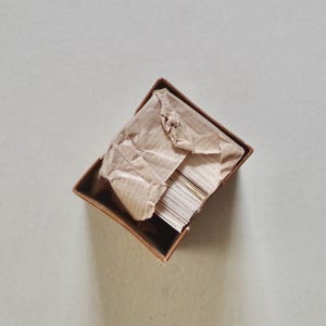 Pode incluir: Uma pequena caixa retangular aberta com exterior castanho. No interior, uma pilha de cart&otilde;es brancos &eacute; parcialmente vis&iacute;vel, coberta por papel castanho amassado. A caixa est&aacute; sobre uma superf&iacute;cie cinza claro.