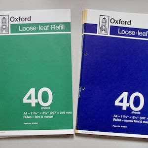 Könnte beinhalten: Zwei Oxford Loseblatt-Nachfüllblöcke, einer grün und einer blau. Jedes Notizbuch hat 40 Blatt A4-Papier (297 x 210 mm) mit Linien und Rand. Das Oxford-Logo befindet sich oben.