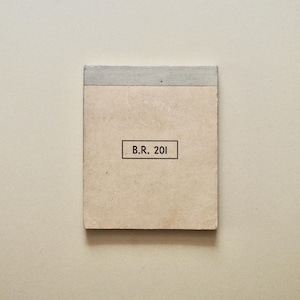 Pode incluir: Um bloco de notas retangular com uma capa de papel bege claro e uma faixa de encadernação superior cinza. O centro da capa apresenta um contorno retangular preto contendo o texto B.R. 201 em uma fonte sem serifa simples e centralizada.