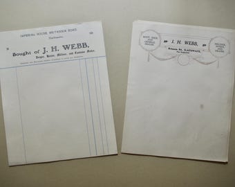 May include: Two vintage white paper invoice forms with black printed text. The left form reads Bought of J. H. WEBB, Draper, Hosier, Milliner, and Costume Maker. The right form features J. H. WEBB, Boot, Shoe and General Dealer, Milliner, Hosier and Draper.