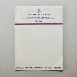 Papel de hotel vintage - Juego de 6 hojas con membrete para correo aéreo - The Carlton House, Nueva York - Papelería vintage