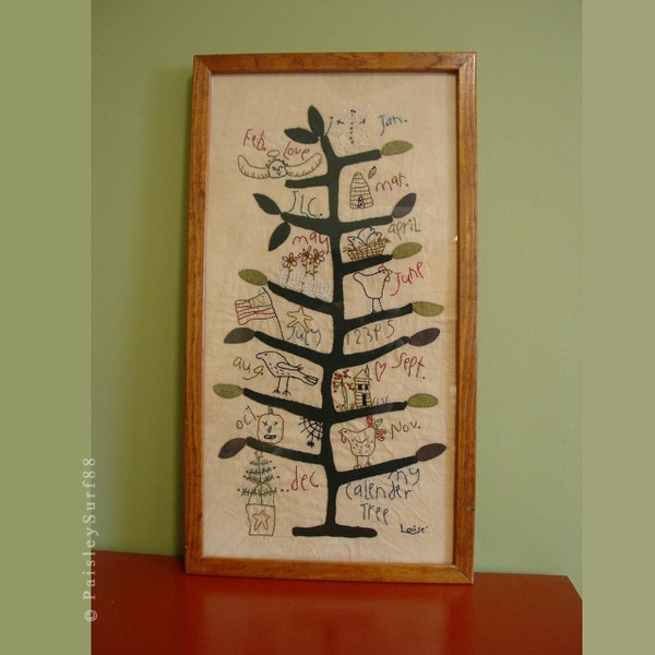 RESERVED // Vintage Hand Made Embroidered CALENDAR TREE Framed Wall Art Stitched Sewn 12” x 22” Unique and adorable!