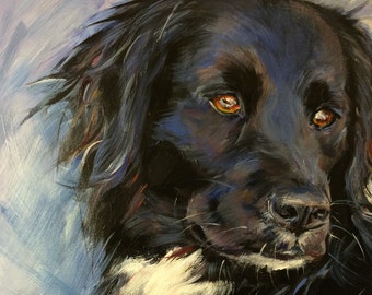 May include: A painting of a black and white dog with brown eyes. The dog is looking to the right of the image. The dog's fur is painted in a realistic style.