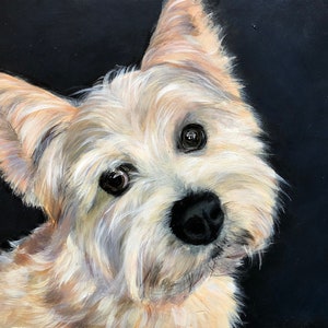 May include: A painting of a white dog with brown eyes, looking to the left. The dog has a fluffy white coat and a black nose. The background is a dark blue.