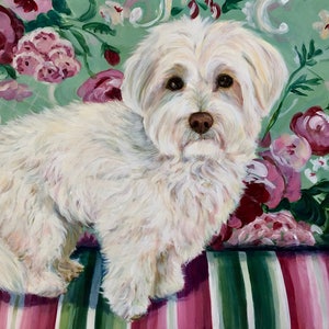 May include: A painting of a fluffy white dog with a brown nose and eyes, set against a backdrop of pink and red flowers on a green background. The dog is positioned on a striped surface with green, pink, and white stripes.