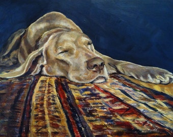May include: A painting of a Weimaraner dog sleeping on a colorful patterned rug. The dog is light gray with a brown nose and is lying on its side with its head resting on the rug. The rug has a variety of colors, including red, yellow, blue, and green.