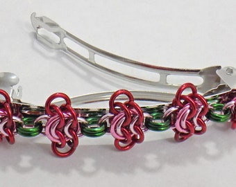 Valentine roses barrette, chainmaille rosettes large hair clip by RainbowMaille