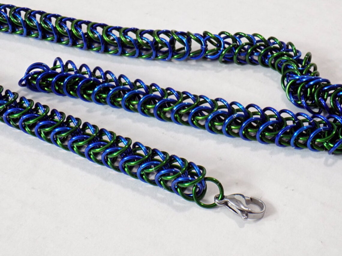 Handmade Blue and Green Boxchain Chainmaille Necklace, Nickel Free ...