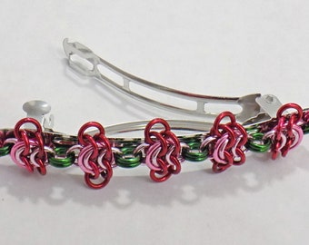 Valentine's roses barrette, chainmaille rosettes hair clip by RainbowMaille