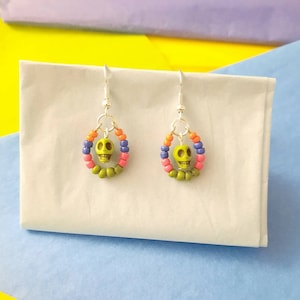 Sugar Skull Earrings , Dia De Los Muertos , Day of the Dead Dangle Earrings