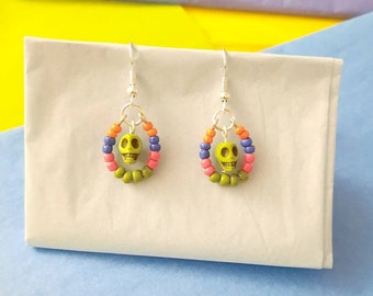 Sugar Skull Earrings , Dia De Los Muertos , Day of the Dead Dangle Earrings