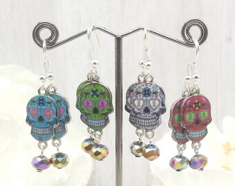 Sugar Skull Earrings , Dia De Los Muertos , Day of the Dead Dangle Earrings