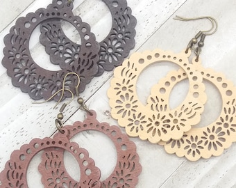 Mexican Culture Papel Picado Floral Wooden Earrings