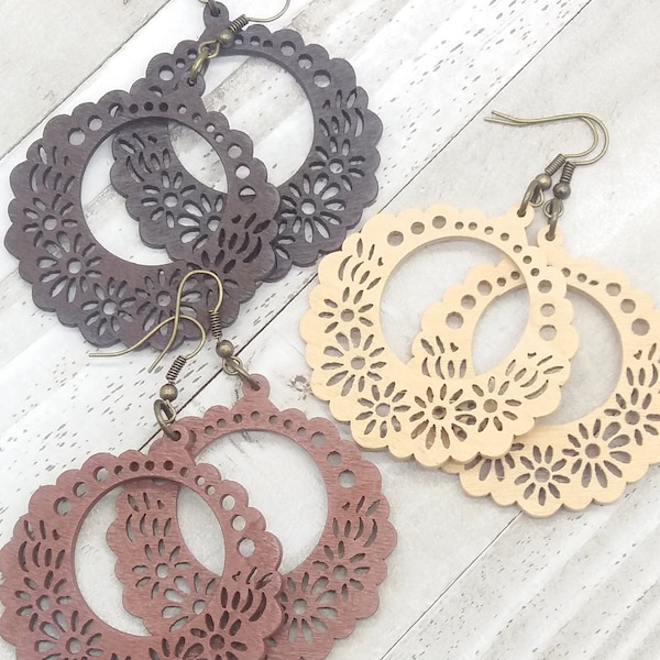 Mexican Culture Papel Picado Floral Wooden Earrings