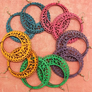 Large Colorful Mexican Culture Papel Picado Floral Wooden Fiesta Earrings